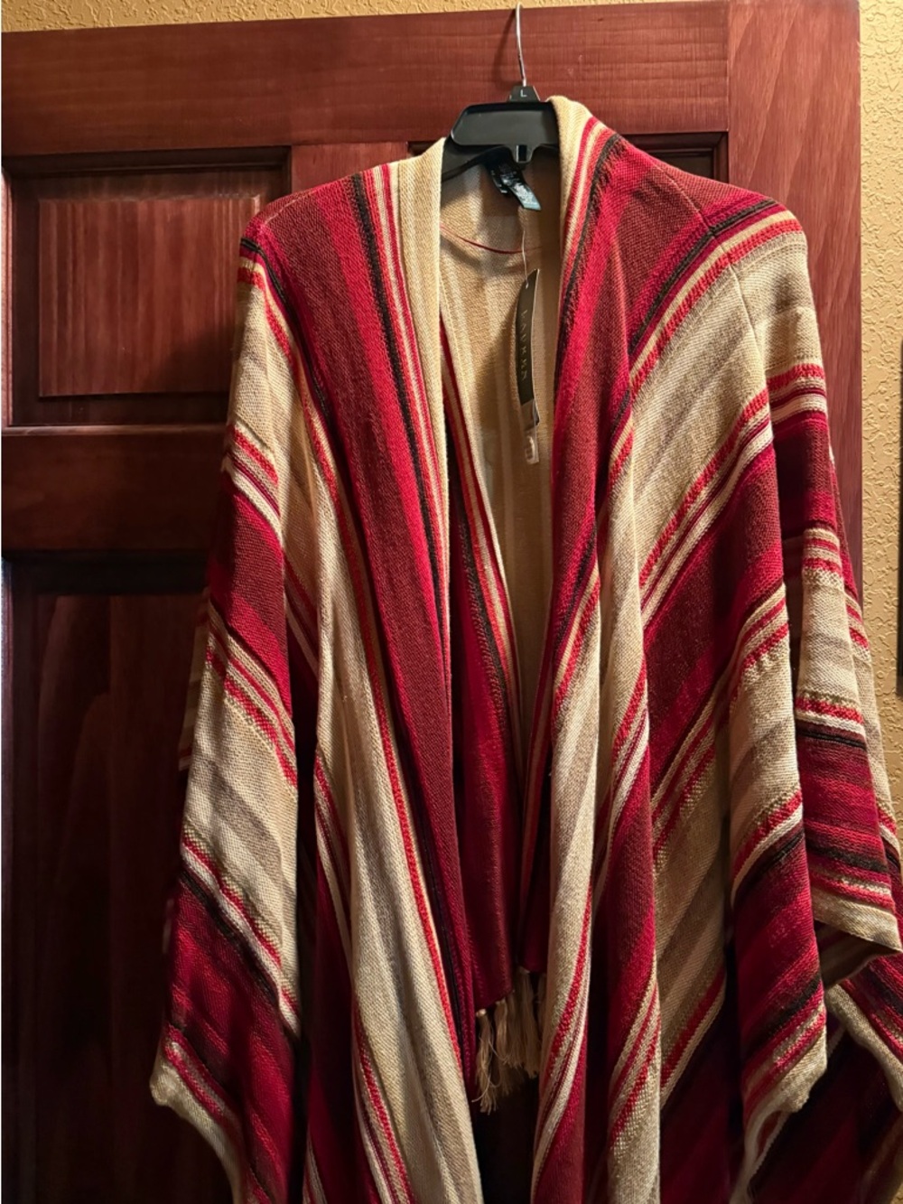 Lauren Ralph Lauren Red and Cream Striped Knit Poncho